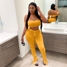 Solid Sexy Crop Top Stacked Pants 2 Piece Sets YIM-251