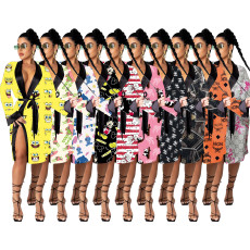 Sexy Printed Long Sleeve Sashes Nightgown SHD-9813