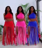 Solid One Shoulder Tassel Skirt 2 Piece Sets OYF-8292