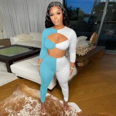 Splice Long Sleeve Cropped Top And Pants Two Piece Sets WMEF-20776