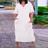 Plus Size Solid V Neck Short Sleeve Pockets Maxi Dress NY-2373