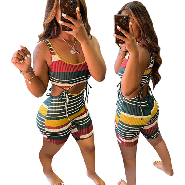 Colorful Striped Sleeveless Hollow Romper GLF-10089