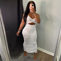 Solid Sexy Ruched Halter Backless Split Dress GLF-10087