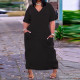 Plus Size Solid V Neck Short Sleeve Pockets Maxi Dress NY-2373