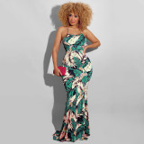 Leaves Print Backless Sling Maxi Dress OSIF-22190
