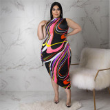 Plus Size Printed Sleeveless Lace-Up Hollow Irregular Midi Dress ASL-7077
