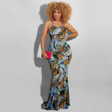 Leaves Print Backless Sling Maxi Dress OSIF-22190