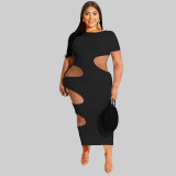 Plus Size Solid Short Sleeve Hollow Out Long Dress OSIF-22199