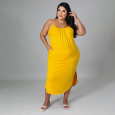 Plus Size Solid Sleeveless Pockets Split Midi Dress HNIF-013