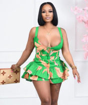Sexy Print Zipper Top+Ruffled Shorts Culotte 2 Piece Sets BGN-238