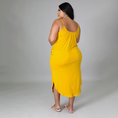 Plus Size Solid Sleeveless Pockets Split Midi Dress HNIF-013