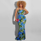 Leaves Print Backless Sling Maxi Dress OSIF-22190
