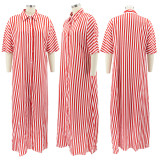 Plus Size Mid-Sleeve Loose Striped Shirt Long Dress HNIF-041