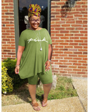 Plus Size Casual Letter Print Short Sleeve Shorts 2 Piece Sets WAF-41647