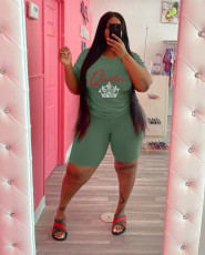 Plus Size QUEEN Letter Hot Diamond T-Shirt Shorts 2 Piece Sets WAF-161224