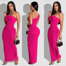 Fashion Sexy Single Shoulder Hollow Solid Color Maxi Dress YD-8577
