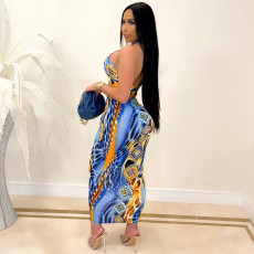 Sexy Printed Wrap Chest Long Skirt 2 Piece Sets SH-390283
