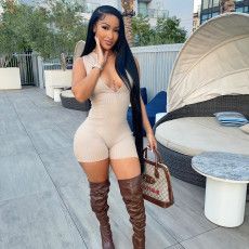 Solid Ribbed Sleeveless Zipper Romper SH-390280