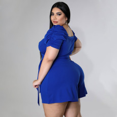 Plus Size Solid V Neck Sashes Romper NNWF-7461