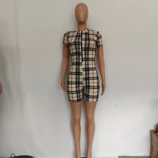 Plaid Print Short Sleeve Zipper Romper BN-9324-1