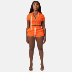 Solid Hooded Zipper Two Piece Shorts Set CH-8210