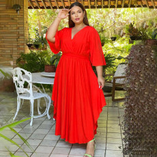 Plus Size Solid V Neck High Waist Big Swing Maxi Dress NNWF-7430