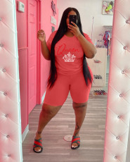 Plus Size QUEEN Letter Hot Diamond T-Shirt Shorts 2 Piece Sets WAF-161224
