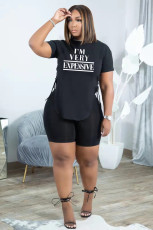 Casual Plus Size Letter Print Side Slit Lace Up Short Sleeve Shorts 2 Piece Sets TK-6228