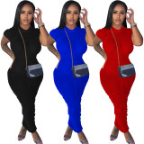 Solid Color Short Sleeve Ruched Maxi Dress TE-4403