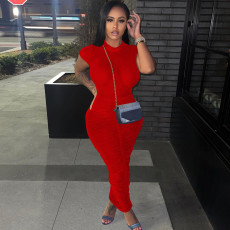 Solid Color Short Sleeve Ruched Maxi Dress TE-4403