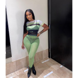 Fashion Print Mesh Short Sleeve And Pants Two Piece Sets IV-8297