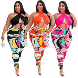 Plus Size Halter Printed Pants 2 Piece Sets ASL-7079