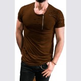 Men Short Sleeve Hole Zipper Decoration Casual T-Shirt FLZH-ZT06