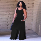 Solid Sleeveless Pockets Wide Leg Jumpsuit TE-4387