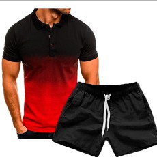 Men Gradient Lapel POLO Casual Two Piece Shorts Set FLZH-ZT135-ZK70