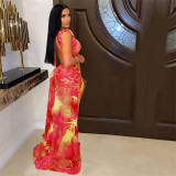 Sexy Printed Backless Bodysuit+Split Long Skirt 2 Piece Sets MDF-5304