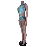 Sexy Printed Backless Bodysuit+Split Long Skirt 2 Piece Sets MDF-5304