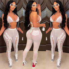 Sexy Mesh Lace-Up Hollow Bra Top+Pants 2 Piece Sets BY-5711