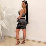 Plus Size Hot Drilling Vest Top Mini Skirt 2 Piece Sets NY-2382