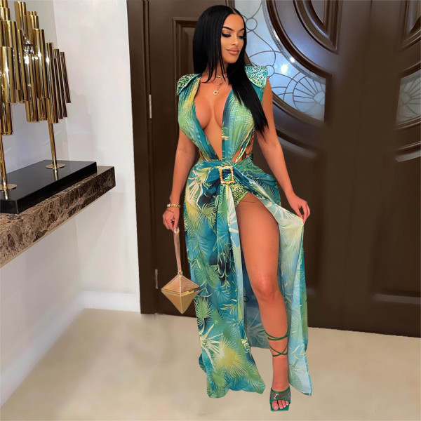 Sexy Printed Backless Bodysuit+Split Long Skirt 2 Piece Sets MDF-5304