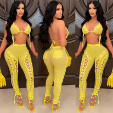 Sexy Mesh Lace-Up Hollow Bra Top+Pants 2 Piece Sets BY-5711