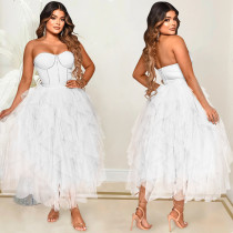 Hot Drilling Mesh Patchwork Strapless Evening Dress BY-5709
