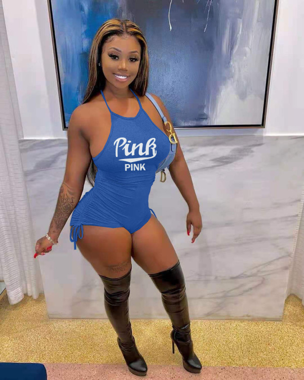 Pink Letter Halter Drawstring Playsuit NYF-8109