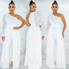 Solid Color Sexy One Shoulder Long Sleeve Jumpsuit BY-5675