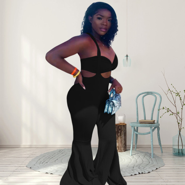 Plus Size Solid Tube Top+Strap Flare Pant 2 Piece Sets WPF-80578