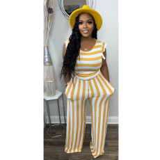 Striped Print Sleeveless Top Wide Leg Pants Two Piece Sets GCNF-0183