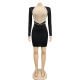 Sexy Nightclub Bead Hot Diamond Mesh Splice Backless Long Sleeve Dress BY-5681