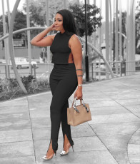 Solid Color Sleeveless Side Split Lace Up Top And Pants Two Piece Sets JPF-1068
