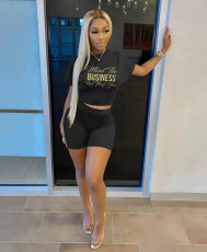 Letter Print Slim-Waist Two Piece Shorts Set YMEF-5066