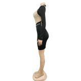 Sexy Nightclub Bead Hot Diamond Mesh Splice Backless Long Sleeve Dress BY-5681
